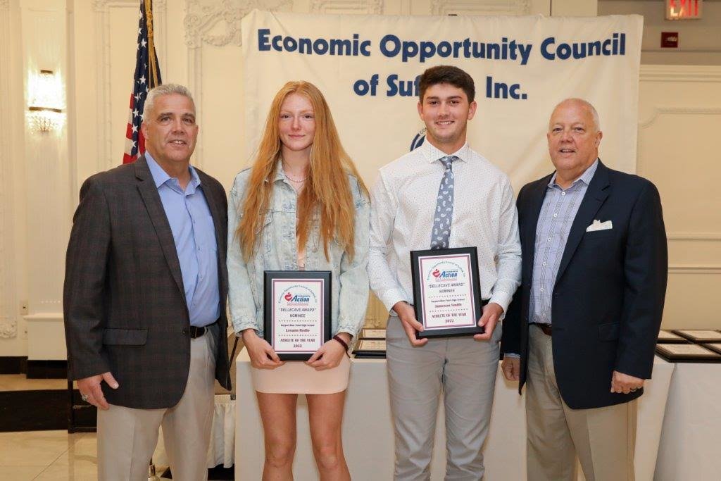 Pictured: Bayport-Blue Point High School nominees Leeann Redlo and Jameson Smith are flanked by Dellecave Foundation co-directors (left) Mark Dellecave and (right) Guy Dellecave.